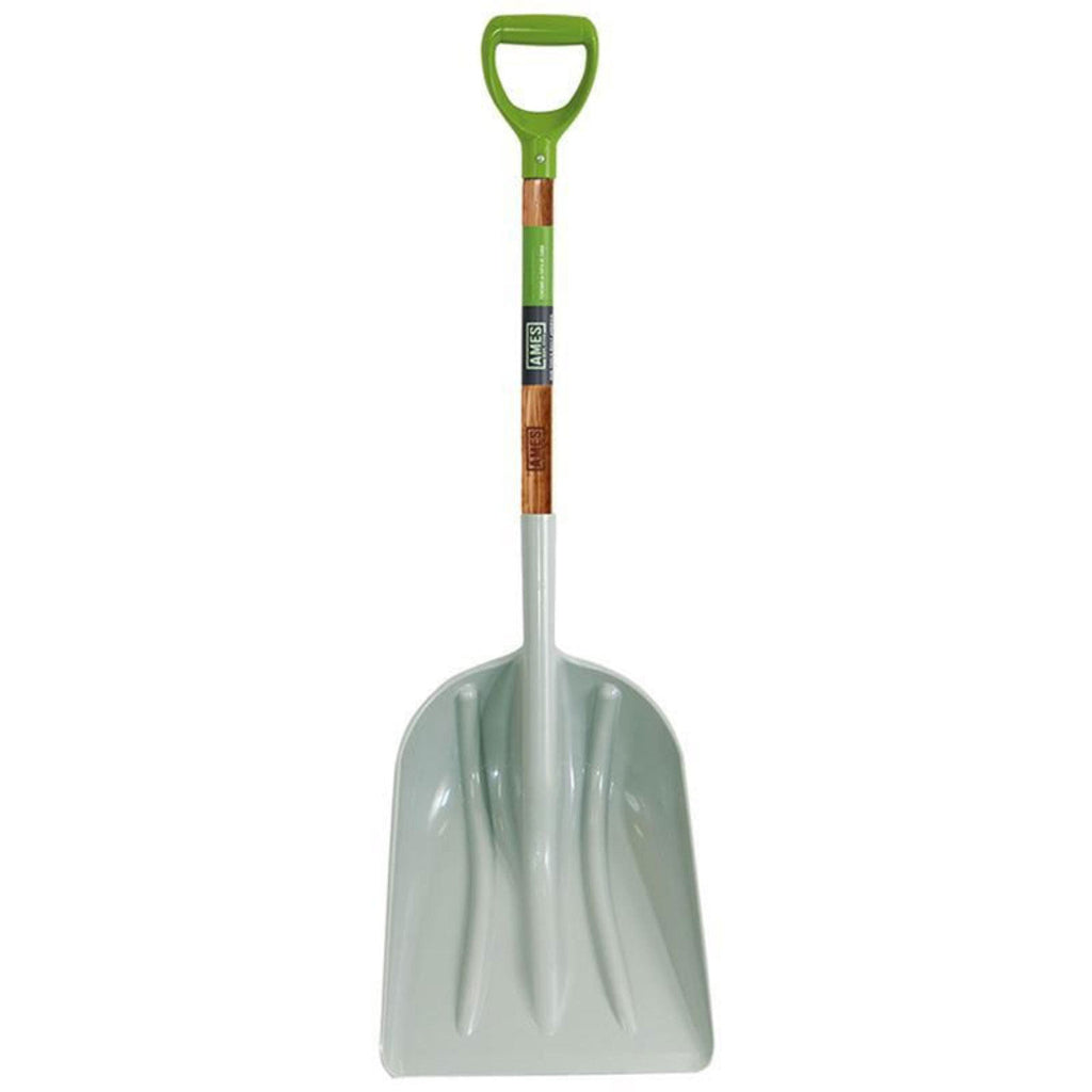 A 27.5 inch D-grip poly scoop shovel with a hardwood handle.