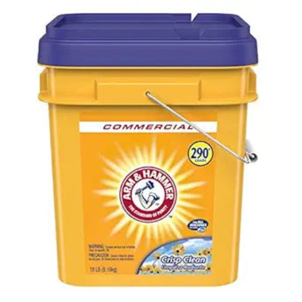 Image of an 18-pound pail of Arm & Hammer Crisp Clean Powder Laundry Detergent, designed for equestrian use. The large, round, white pail features a secure lid and is labeled with the Arm & Hammer logo prominently displayed at the top. Below the logo, the product name "Crisp Clean Powder Laundry Detergent" is boldly printed, highlighting its deep-cleaning and eco-friendly capabilities suitable for horse-related laundry. The packaging emphasizes its high efficiency, unscented