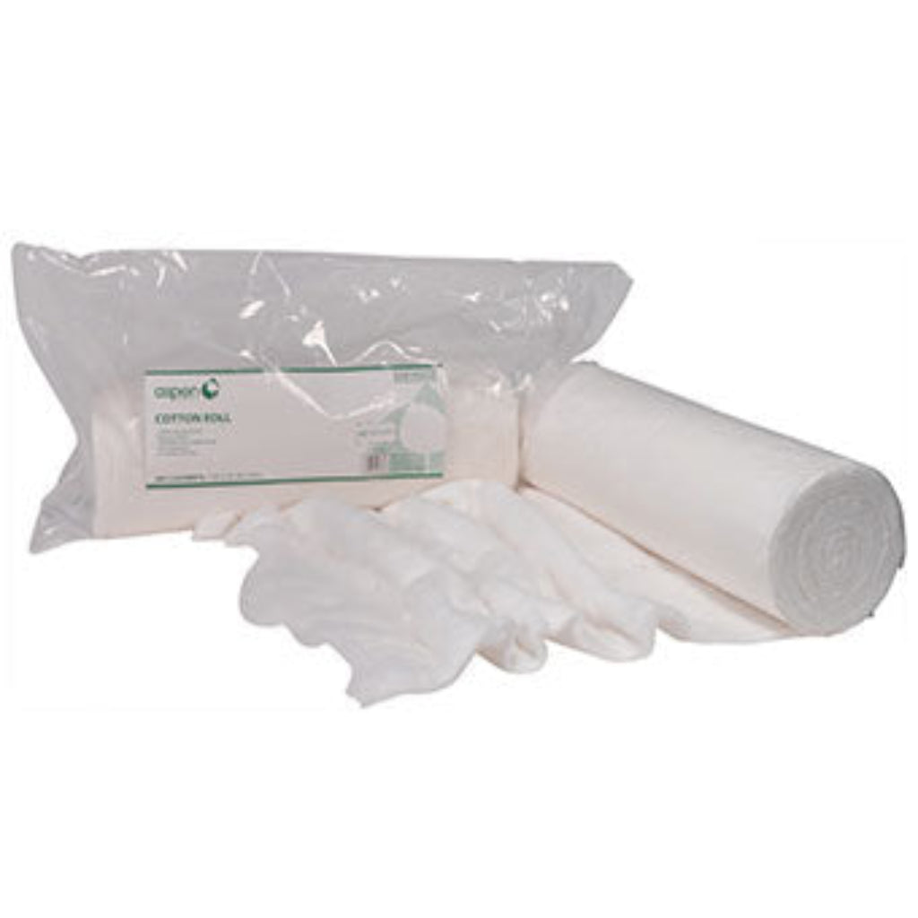 A roll of white non-sterile cotton rolls unwound partially, with some rolls on top of each other, against a white background.