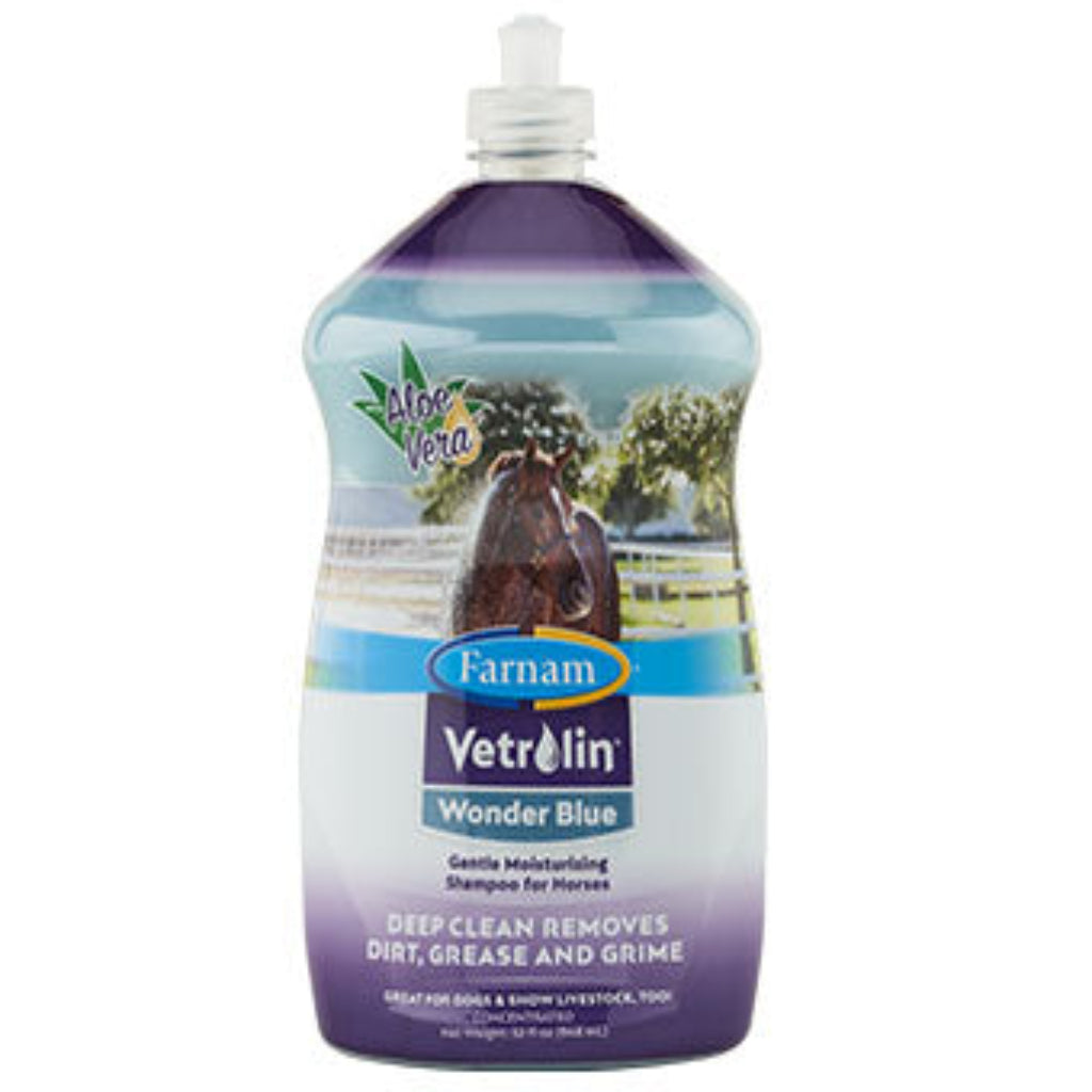 A bottle of Vetrolin Wonder Blue Shampoo with an image of a horse on the label.