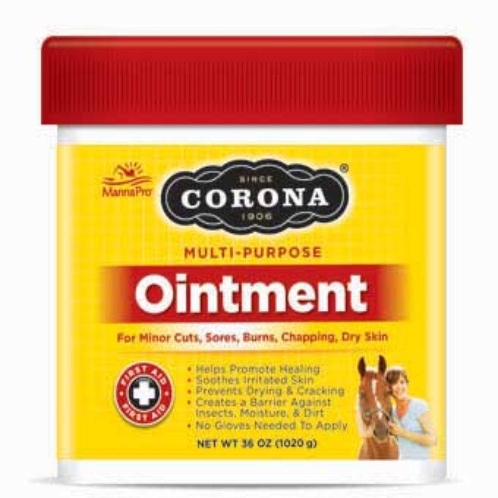 A jar of Corona Multi-Purpose Ointment for minor cuts, sores, burns, and chapping with a red lid on a white background.
