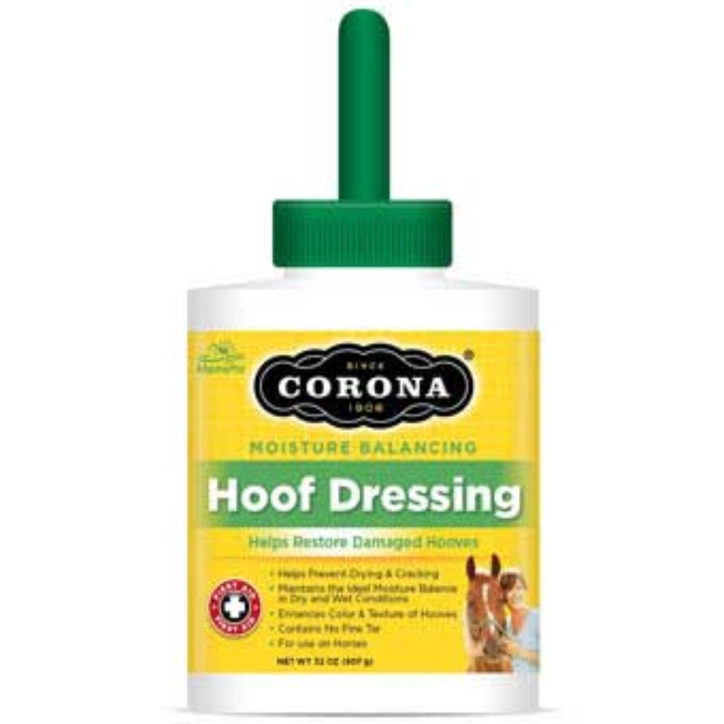 A bottle of Corona Hoof Dressing designed to help restore damaged hooves, with a green cap and label featuring the product information.