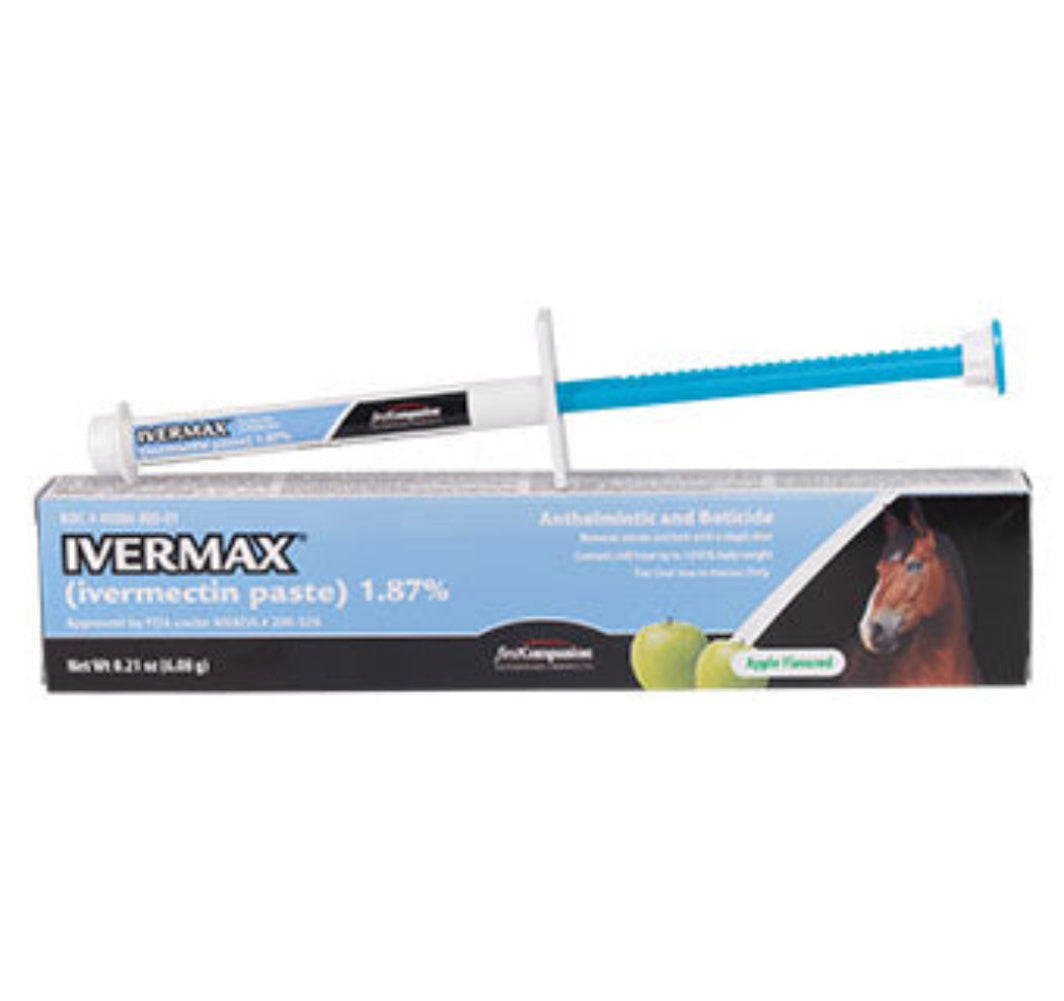 Image of First Companion® Ivermax® 6.08G Equine Dewormer Paste in a syringe, designed for precise dosing to treat horse parasites.