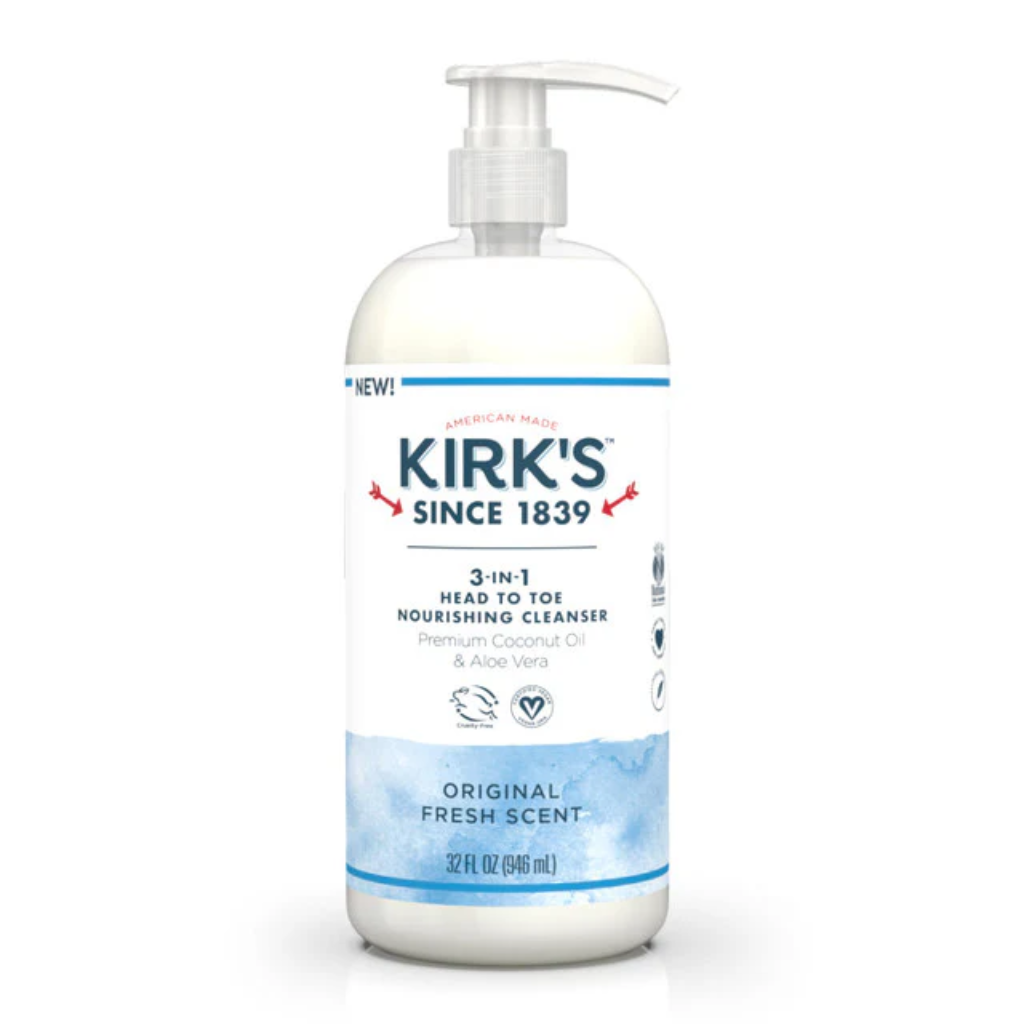 Kirk's Castile 3-in-1 Liquid Cleanser bottle, 32 Fl Oz, labeled for equine use. Contains Coconut Oil and Aloe Vera.