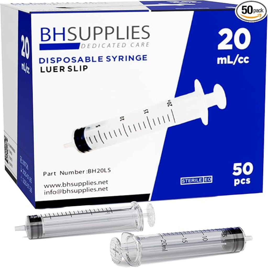 Box of BH Supplies disposable syringes with a luer slip tip, 20ml capacity. The box contains 50 individually wrapped syringes and is blue with white text.