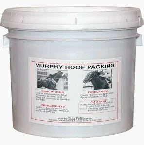 A white plastic bucket labeled 'Murphy Hoof Packing' with images showing horses' hooves and text detailing product usage and instructions.
