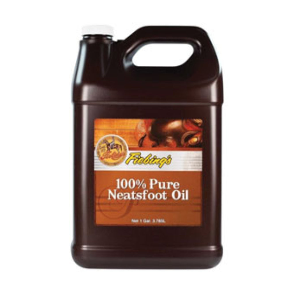Image of 1-gallon jug of PURE NEATSFOOT OIL, a natural leather preservative, used by saddle makers, in a sturdy plastic container.