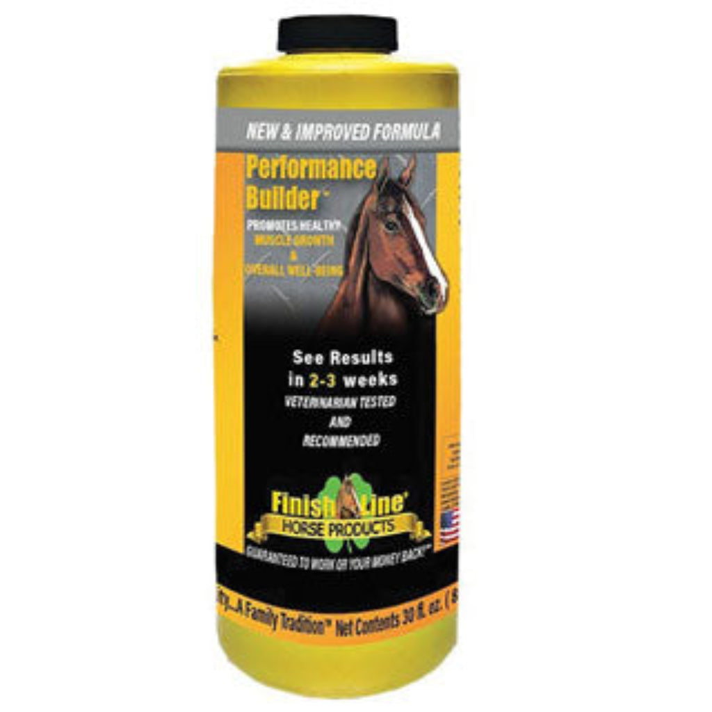A yellow bottle of Finish Line Performance Builder with an image of a horse on the label, indicating it is a supplement for horses.