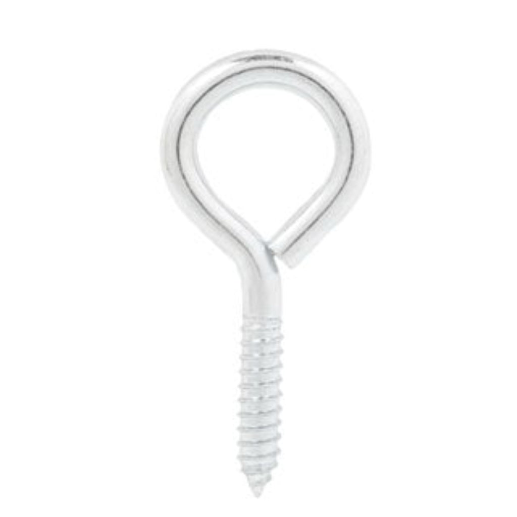 A silver screw eye with a loop shape and threaded shank, isolated on a white background.