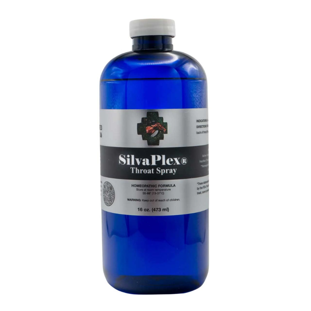 SilvaPlex Throat Spray Homeopathic Formula in a blue bottle