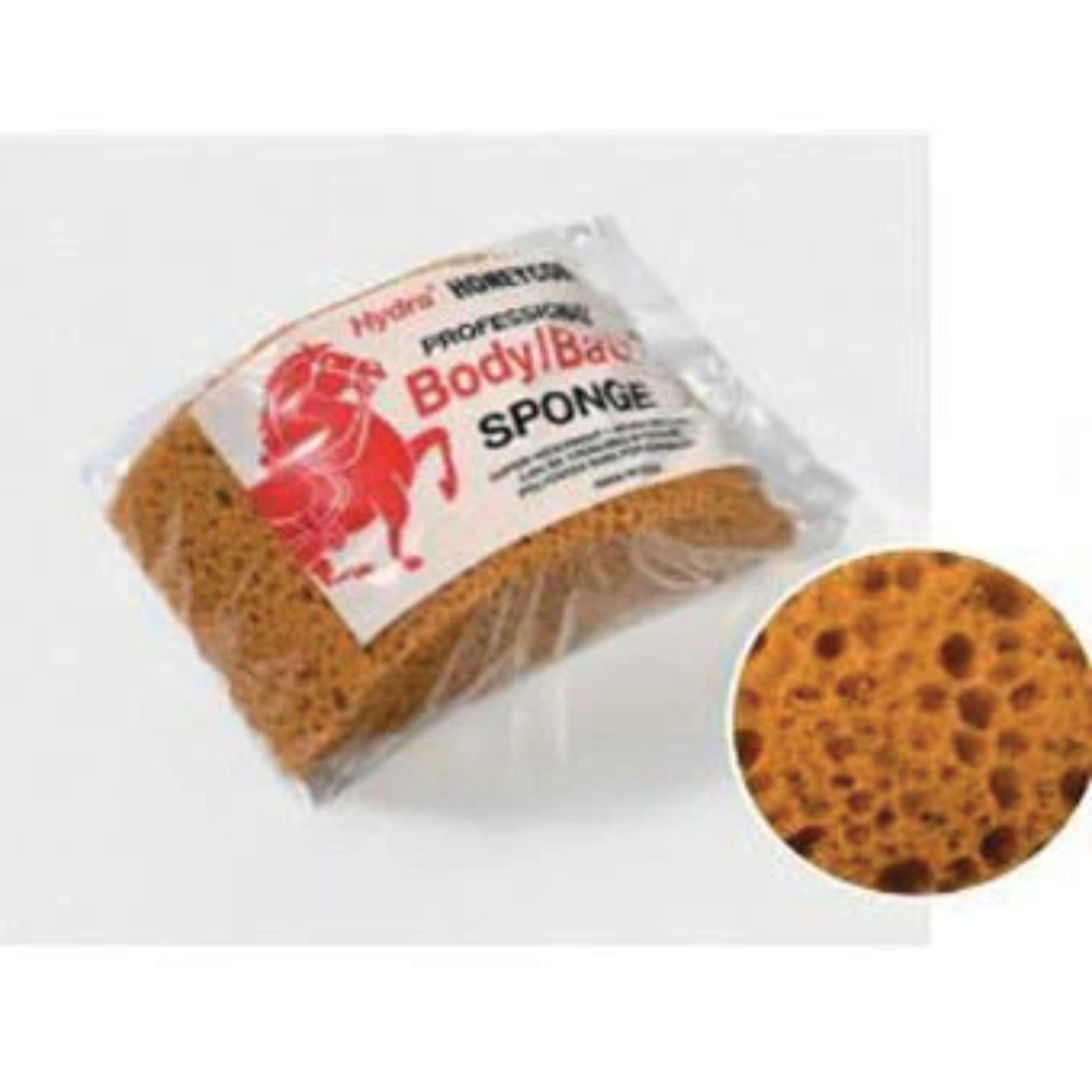 Yellow 7-inch honeycomb body sponge with ergonomic turtle back design, crafted from durable Pur Foam for effective horse grooming.