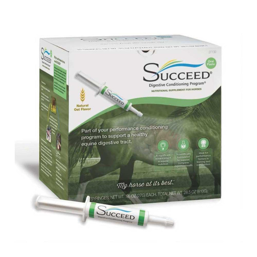 Packaging for Succeed Digestive Conditioning Program Paste with a syringe applicator, indicating a 30-day supply for horses.