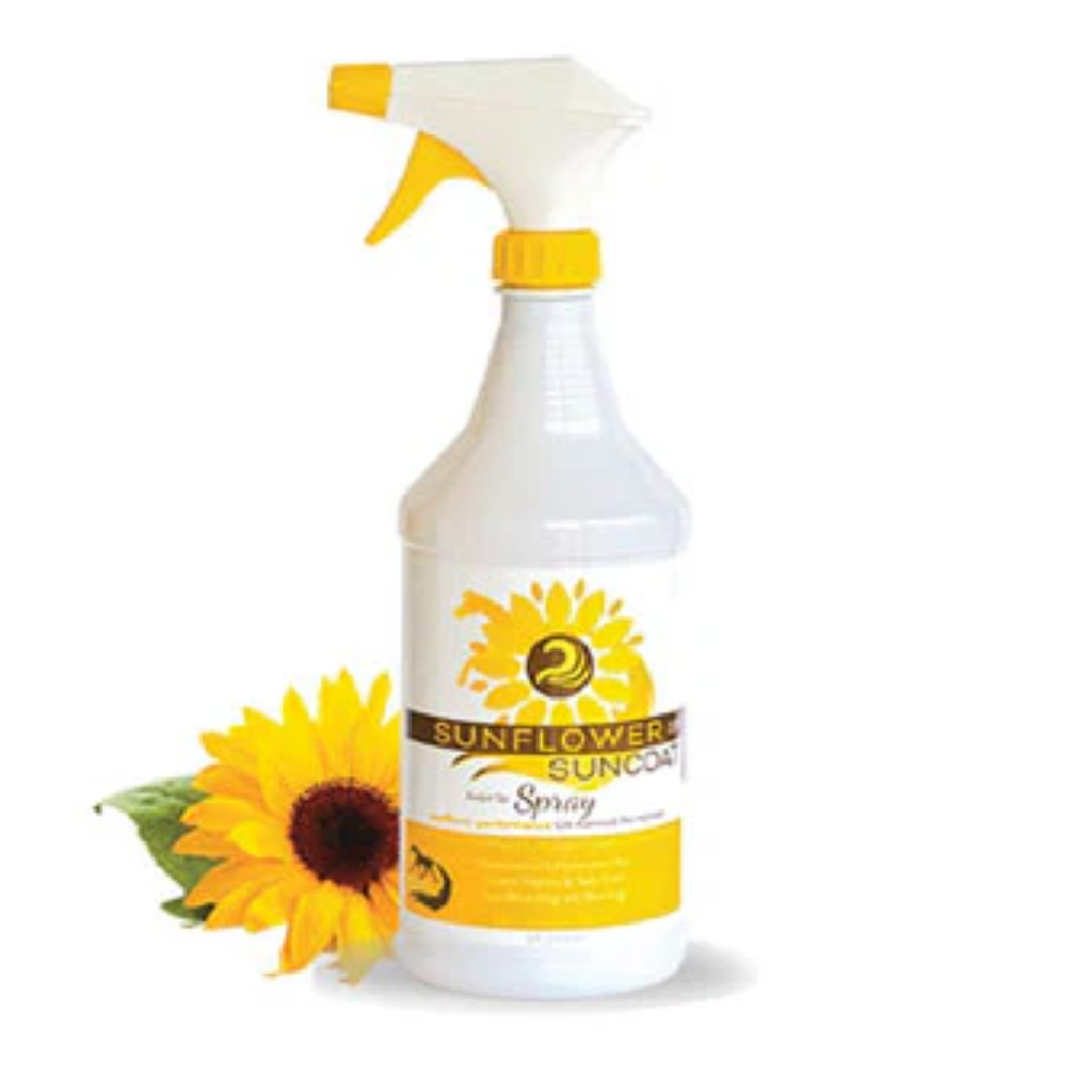 White 32 oz bottle of Horse Sunscreen with SPF, labeled Sunflower Suncoat, featuring a pump dispenser and a sunflower design.