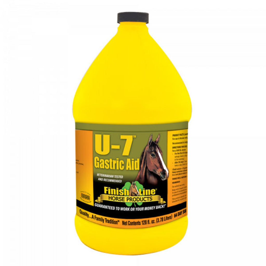 A yellow plastic gallon container of Finish Line U-7 Gastric Aid Liquid for horses with label information and a horse's image.
