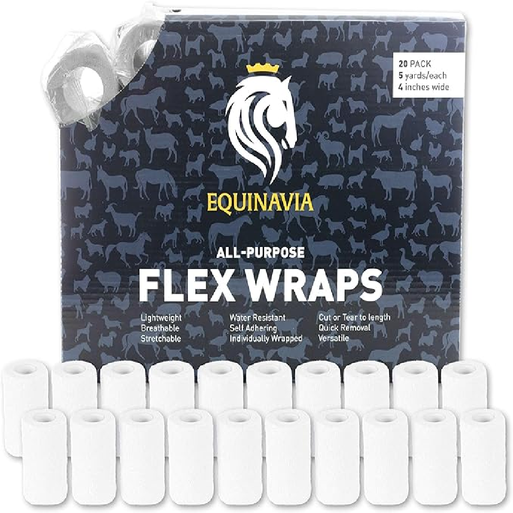 White Equinavia vet wrap in a 20-pack with easy-dispenser; 4" wide, 5 yards long, self-adhesive, versatile for pets and sports use.