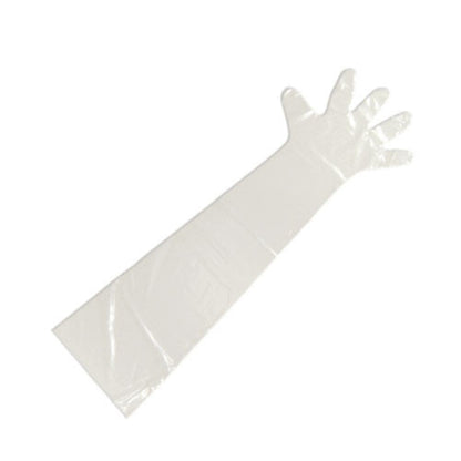 Clear plastic gloves in a packaging sleeve on a white background