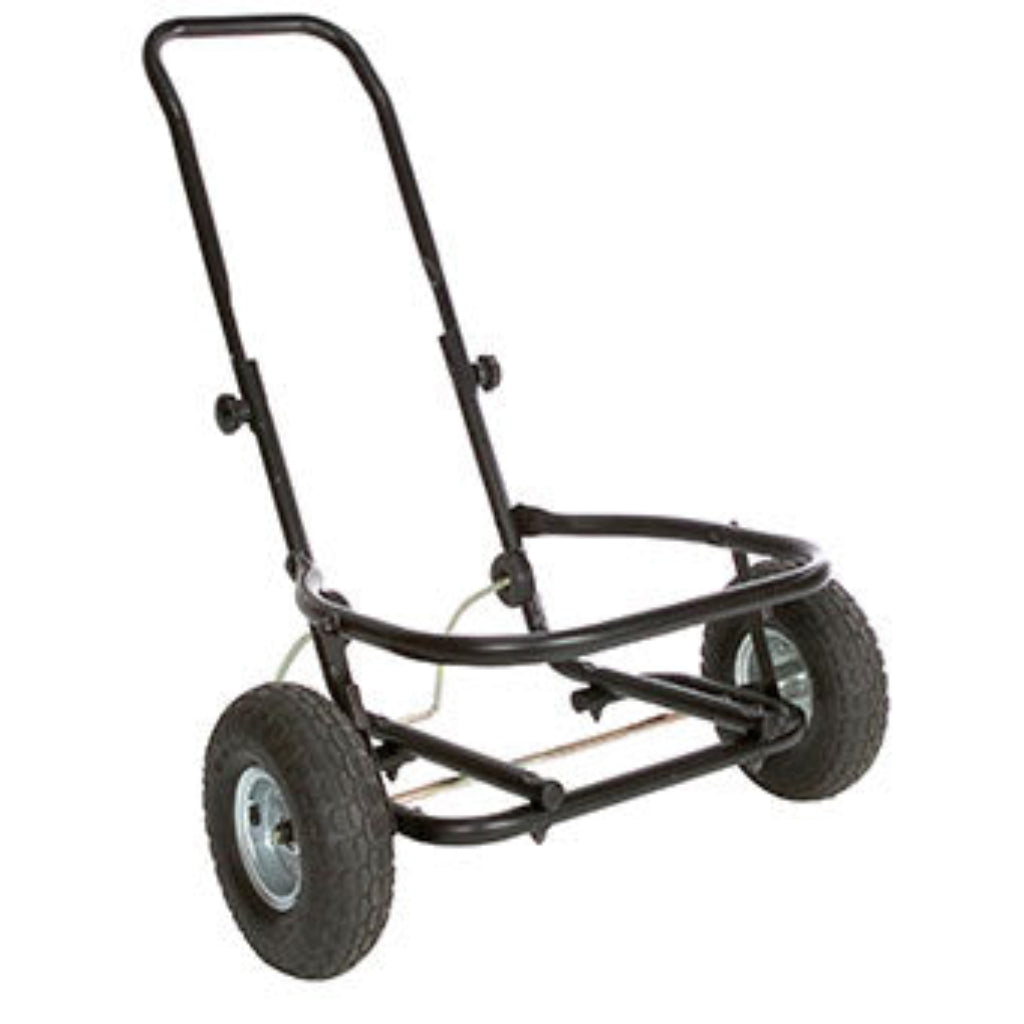 Black metal garden dolly with two wheels on a white background