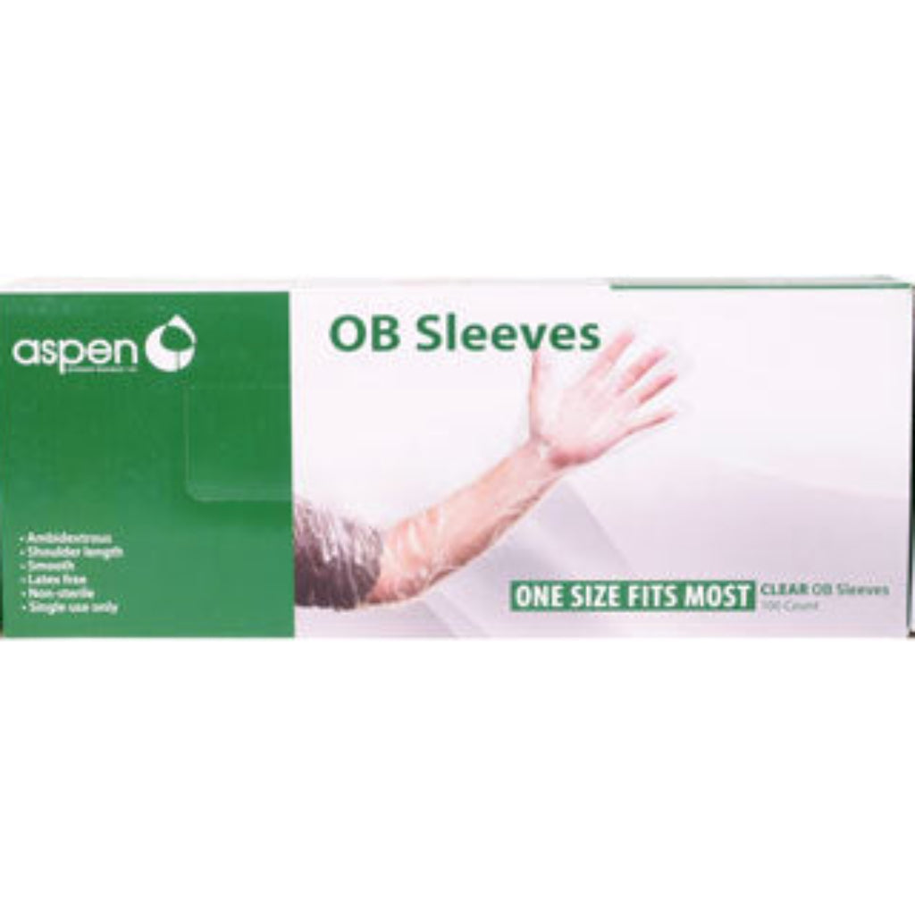 Box of Aspen OB Sleeves with a hand wearing a sleeve on a white background