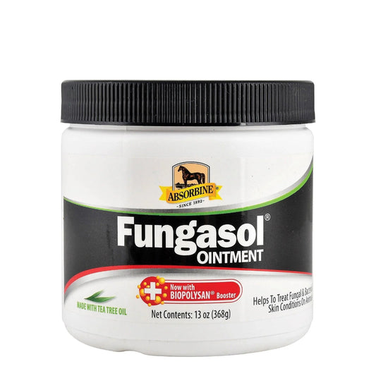 Fungasol ointment jar with black lid on a white background
