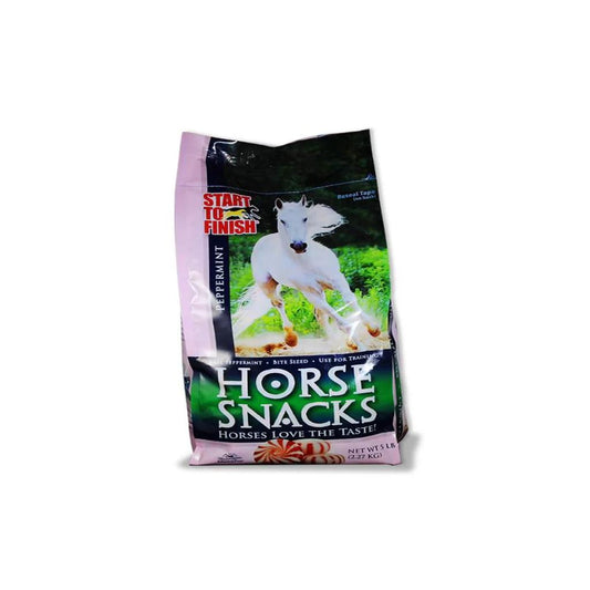 Bag of horse snacks with a horse on the label against a white background