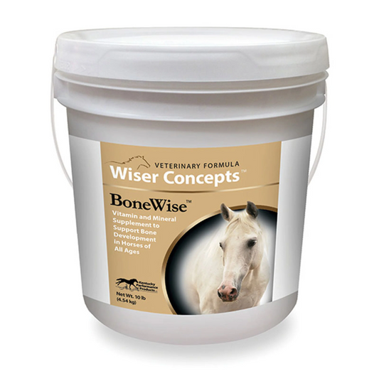 Packaging of Wiser Concepts® BoneWise™, a supplement for horse bone health, in a white container with blue and green label.