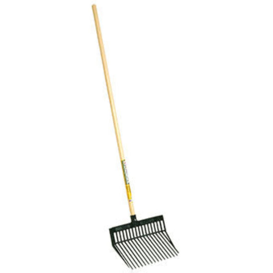 Green Little Giant DuraFork with polycarbonate head, angled tines, and a long hardwood handle for stable and barn use.