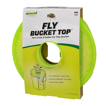 Fly Bucket Top packaging with green lid and white label on a white background