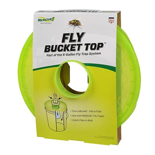 Fly Bucket Top packaging with green lid and white label on a white background