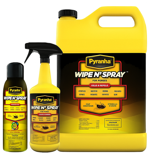 Bottle of Pyranha Wipe N Spray Oil Base, a pyrethrum-based insect repellent, available in multiple sizes for direct equine application.